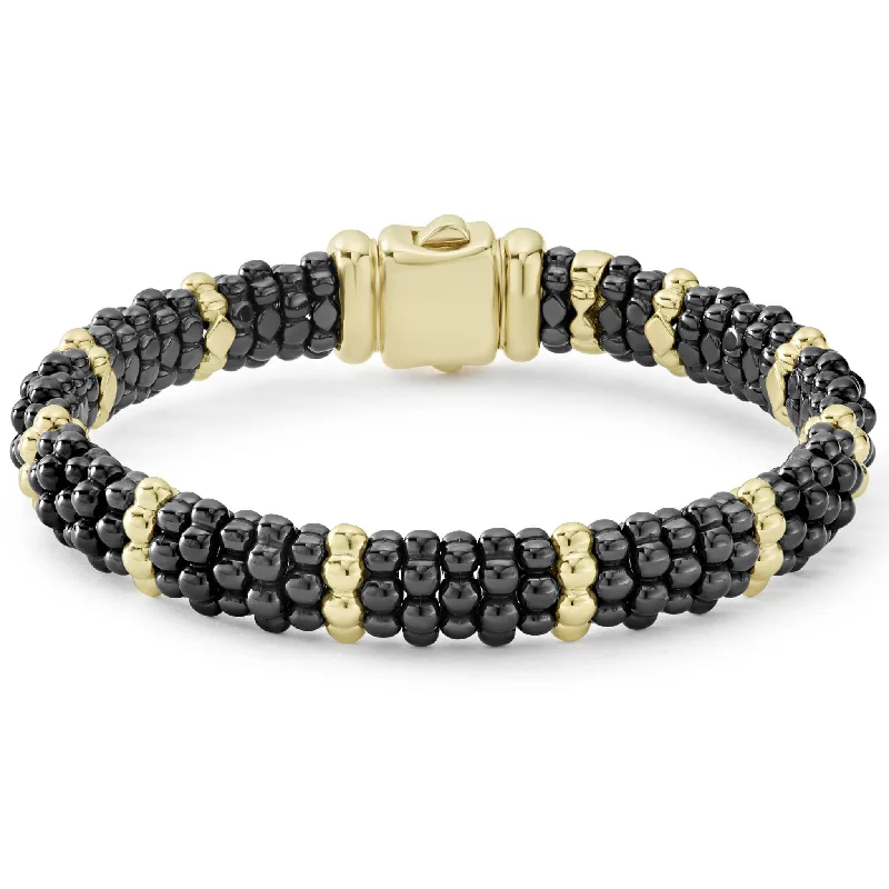 Custom leather bangles with gemstone charms-Black Caviar 18K Gold Station Ceramic Beaded Bracelet | 9mm