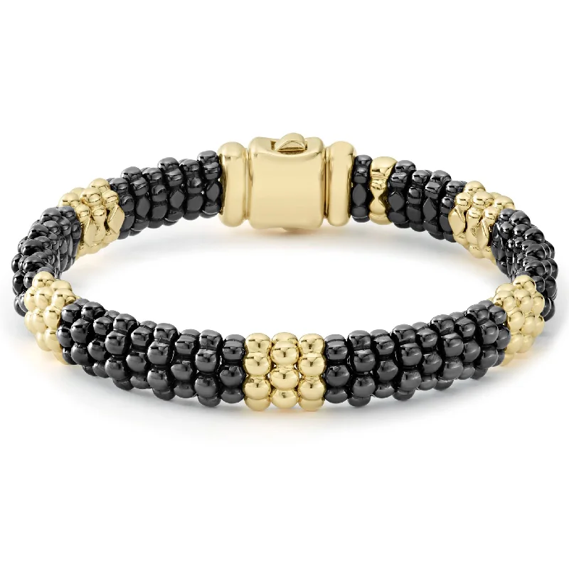 Elegant silver bracelet sets for layering-Black Caviar 18K Gold Station Ceramic Beaded Bracelet | 9mm