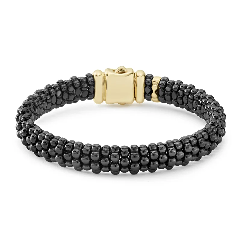 Elegant silver charm bracelets for weddings-Black Caviar 18K Gold Black Ceramic Beaded Bracelet