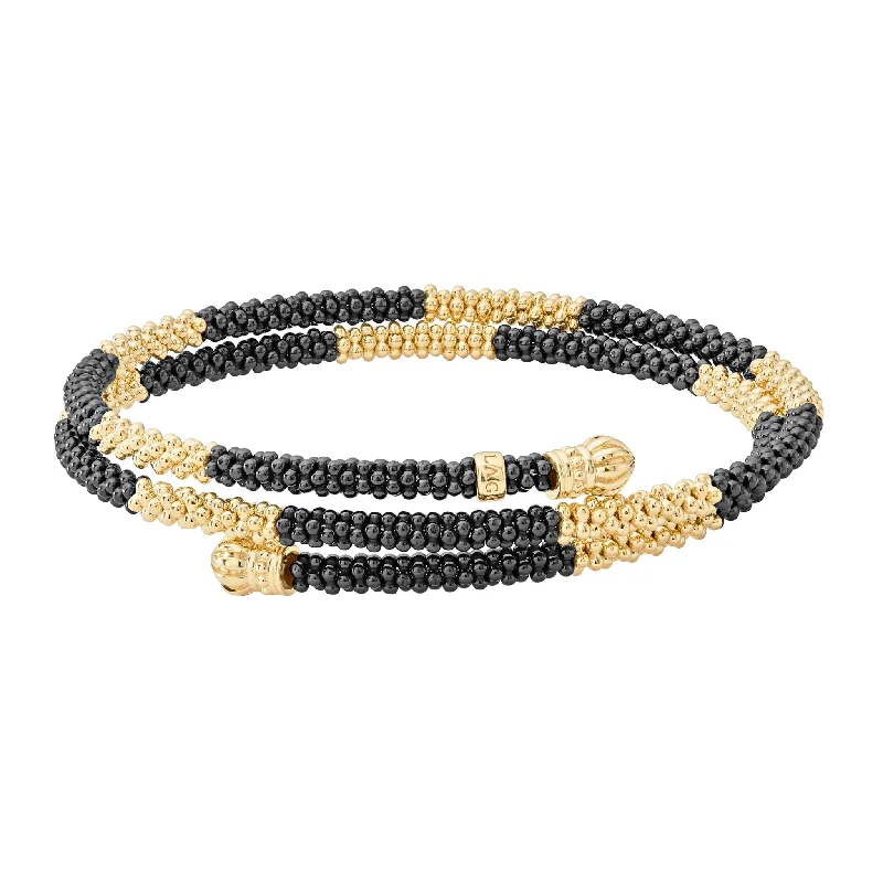 Simple leather bracelets with birthstones-Black Caviar 18K Gold Large Station Ceramic Wrap Bracelet | 3mm