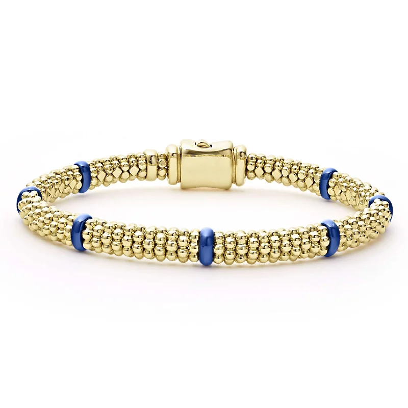 Trendy leather charm bracelets with personalized messages-Blue Caviar Ceramic and 18K Gold Caviar Bracelet | 6mm