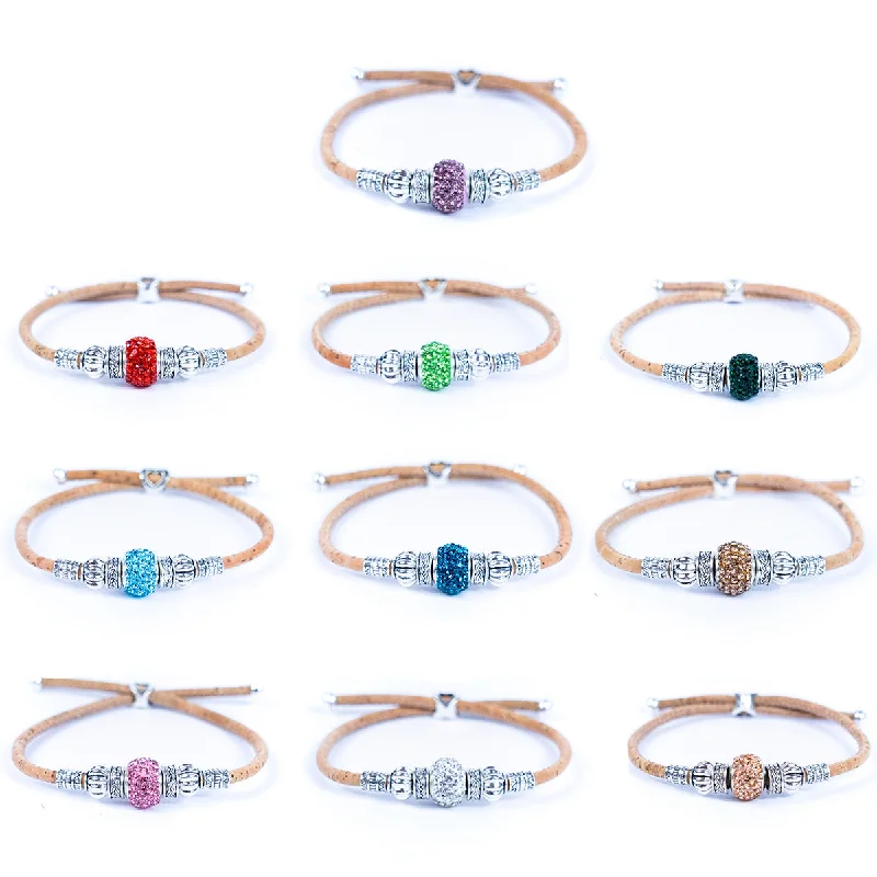 Personalized silver bangles with charms for men-Natural cork thread and colorful shiny beads handmade women's bracelet BR-003-MIX-10