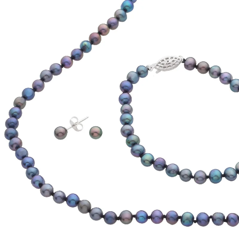 Handmade crystal charm bracelets with stones-Freshwater Black Pearl Earring, Bracelet & Necklace Set