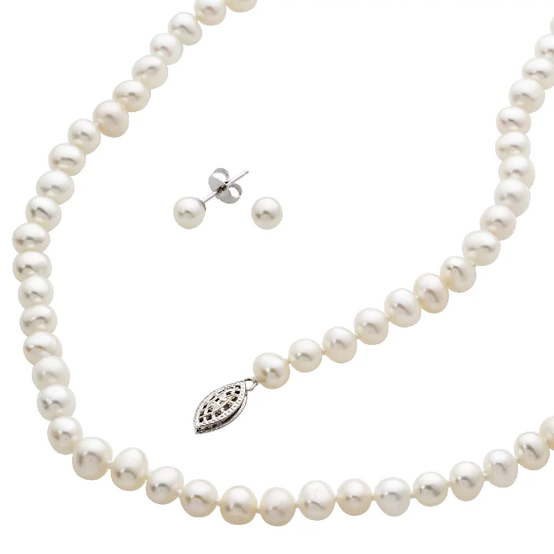 Simple gemstone bracelets for layering with charms-Freshwater White Pearl Earring, Bracelet & Necklace Set