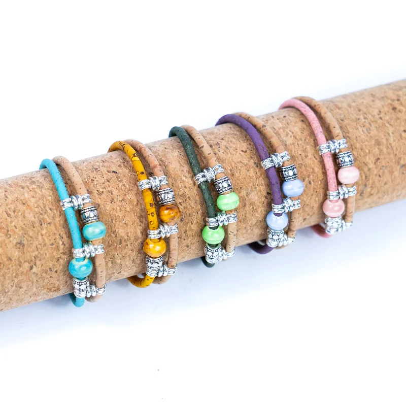 Handmade leather wrap bracelets for women-Colorful cork thread and ceramic beads handmade women's bracelet BR-425-MIX-5