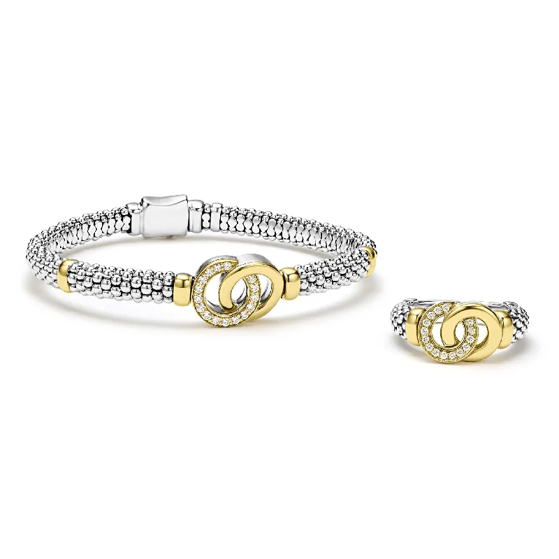 Personalized engraved silver bracelets for couples-Signature Caviar Two-Tone Interlocking Diamond Gift Set