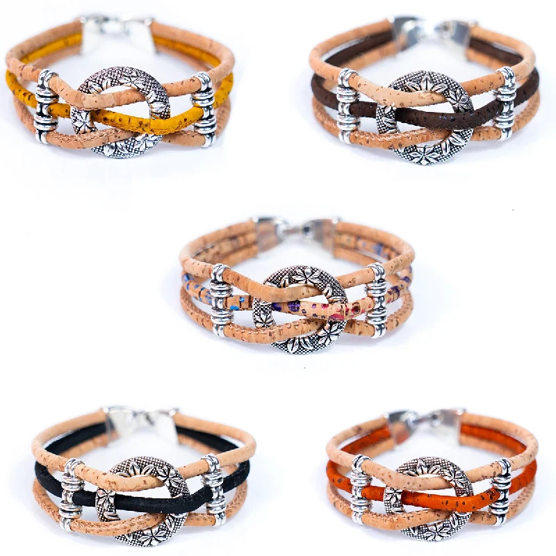 Adjustable leather wrap-around bracelets for men-Twisted Floral Ring Cork Bracelet BR-424-MIX-5