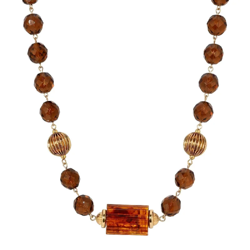 fashion gold necklace with gemstone pendant-1928 Jewelry Glass Smoke Topaz Corrugated Bead & Tortoise Bead Necklace 17" + 3" Extender