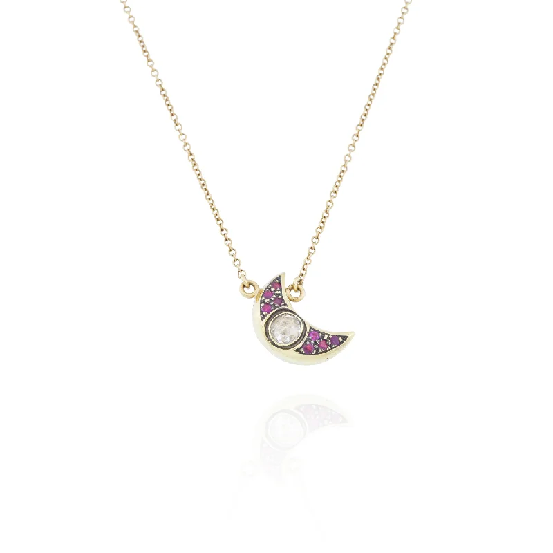 diamond necklace for special events-18kt Gold Diamond and Ruby Medium Crescent Moon Necklace