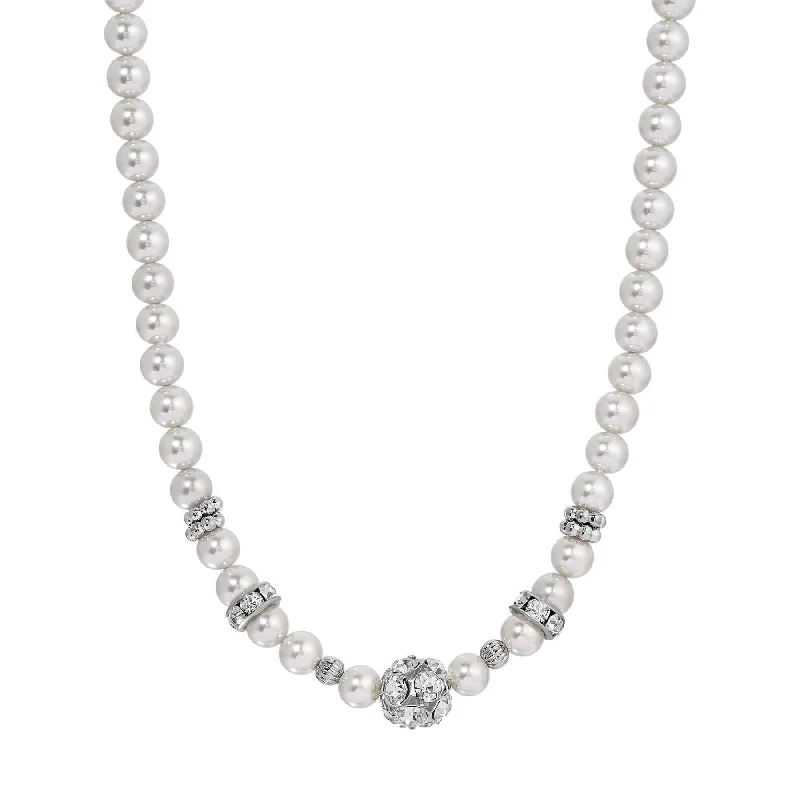 pearl and crystal pendant necklace for brides-1928 Jewelry Fireball Crystal & Light Grey Faux Pearl Strand Necklace 15" + 3" Extender