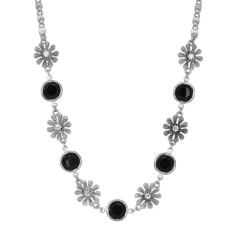 fashion moonstone necklace for women-1928 Jewelry Fleawort Flower Crystal & Round Black Austrian Channel Crystal Flower Necklace 16" + 3" Extension