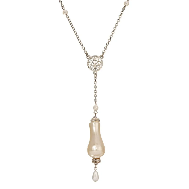 dainty heart-shaped pendant necklace-1928 Jewelry Irregular Shape Faux Pearl & Crystals Y Necklace 24"