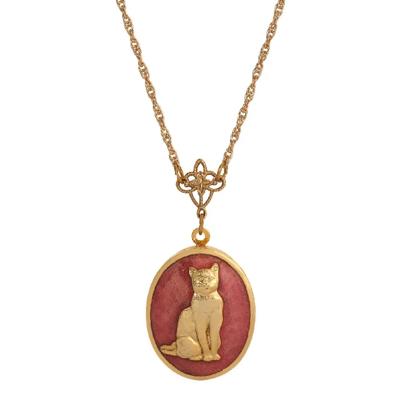 personalized bar necklace with initials-1928 Jewelry Sitting Cat Oval Enamel Locket Necklace 24"