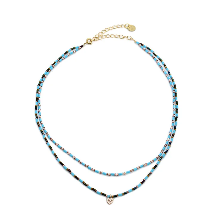 beaded necklace for women’s fashion-Duo Necklace with Heart / Turquoise