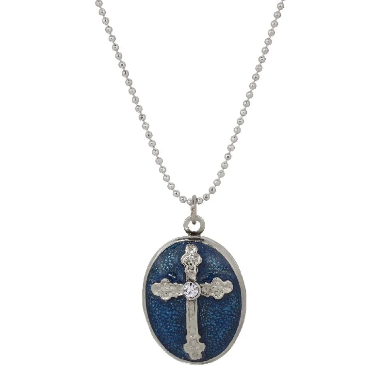 men’s sterling silver chain necklace-Symbols Of Faith Budded Cross Oval Enamel Photo Locket Necklace 18"