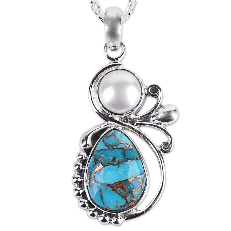 gemstone charm necklace for fashion lovers-Cultured Pearl Pendant Necklace, 'Joyous Blue Sky' (India) - 7'6" x 9'6"