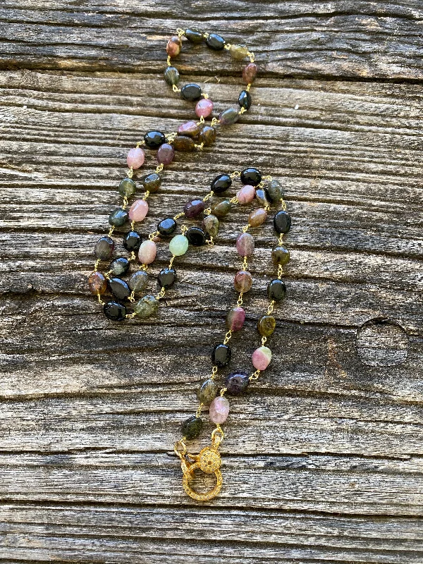 custom heart-shaped photo necklace-Watermelon Tourmaline Beaded Necklace with Pave Diamond Clasp