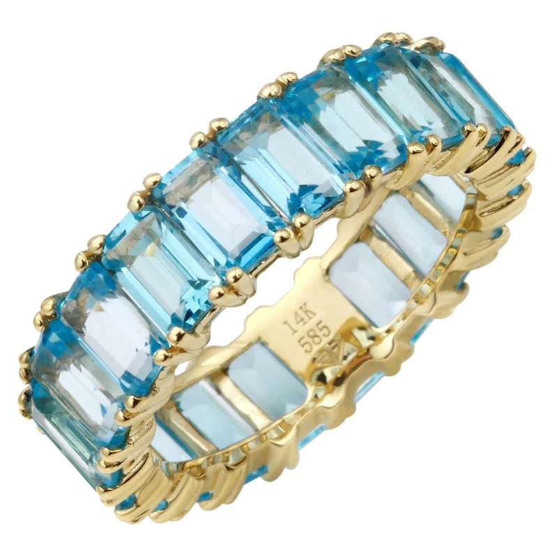 silver engagement rings for men with gemstones-14k Gold Emerald Cut Blue Topaz Eternity Band