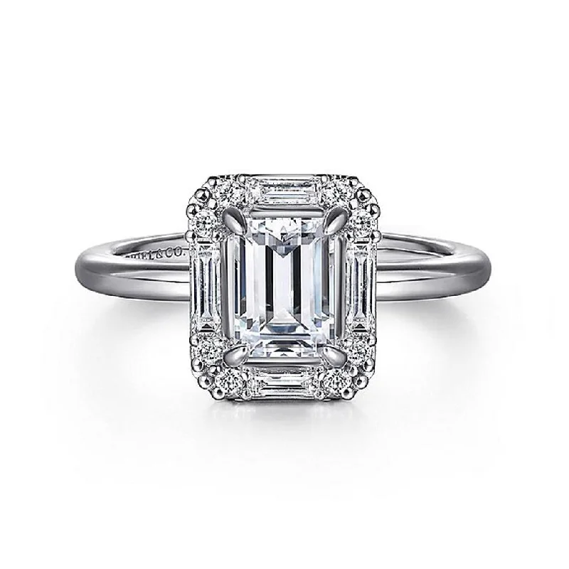 silver engagement rings for men with gemstones-14K White Gold 'Cammie' Halo Emerald Cut Diamond Engagement Ring