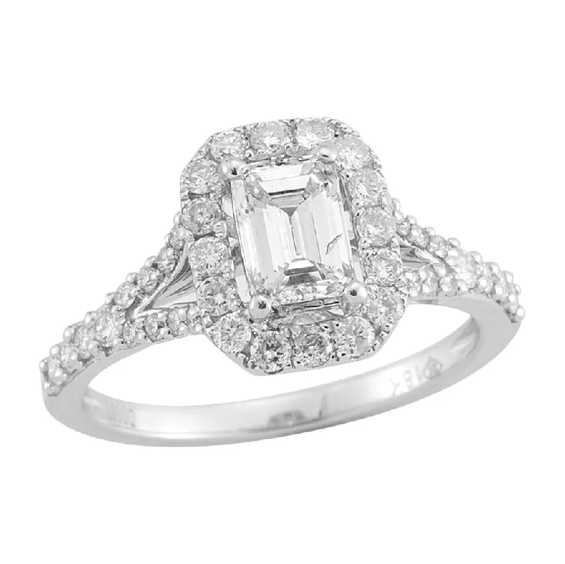 women’s vintage wedding rings with diamonds-14K White Gold 0.48Ct Emerald Cut Diamond Split Shank Halo Engagement Ring