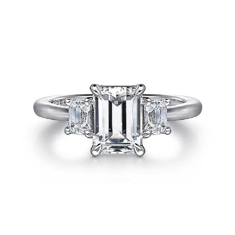 men’s engagement rings with unique sapphire designs-14K White Gold 'Stephi' Three Stone Emerald Cut Diamond Engagement Ring