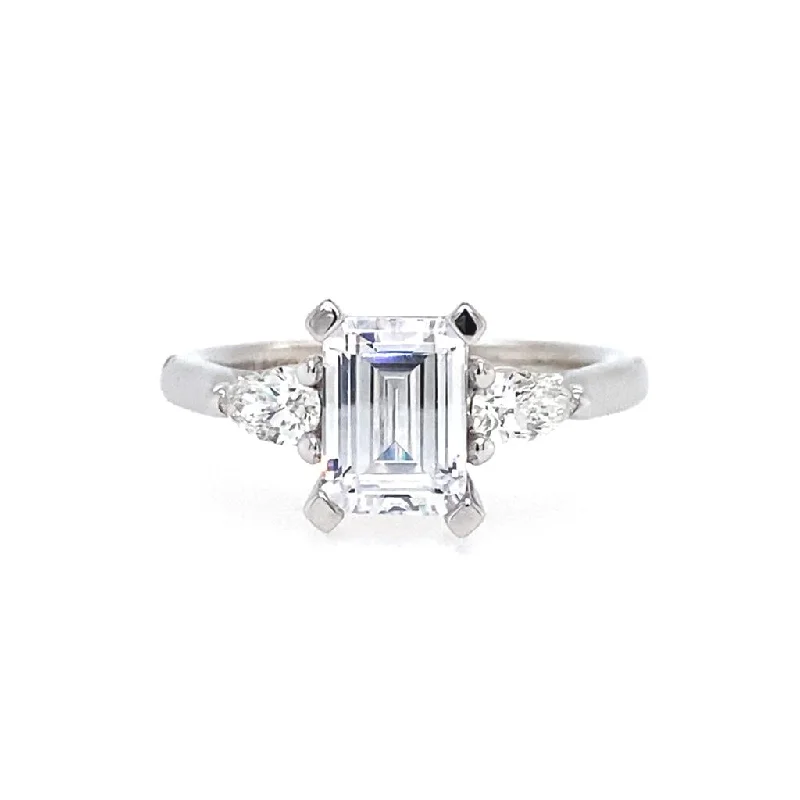 designer engagement rings for women-14K White Gold 'Sunday' Three Stone Emerald Cut Diamond Engagement Ring