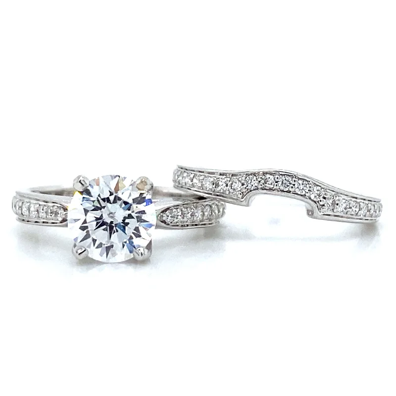 men’s silver wedding rings with diamonds-Pave Tapered Shank Bridal Set in 14K White Gold