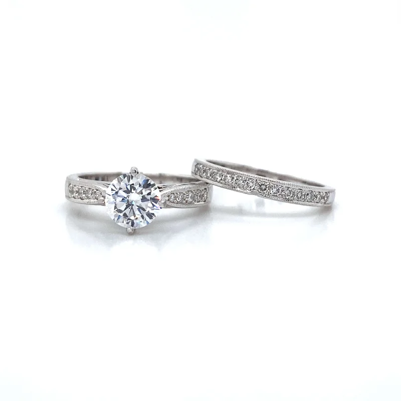 trendy rings for men with gemstones and diamonds-Pave Tapered Shank Bridal Set in 18K White Gold