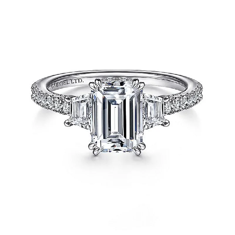 men’s custom rings with birthstones-18K White Gold 'Willow' Three Stone Emerald Cut Diamond Engagement Ring