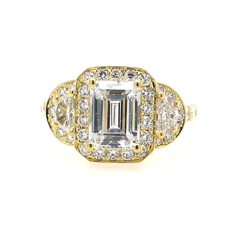 platinum wedding bands for men with diamonds-18K Yellow Gold Three Stone Halo Emerald Cut Diamond Engagement Ring