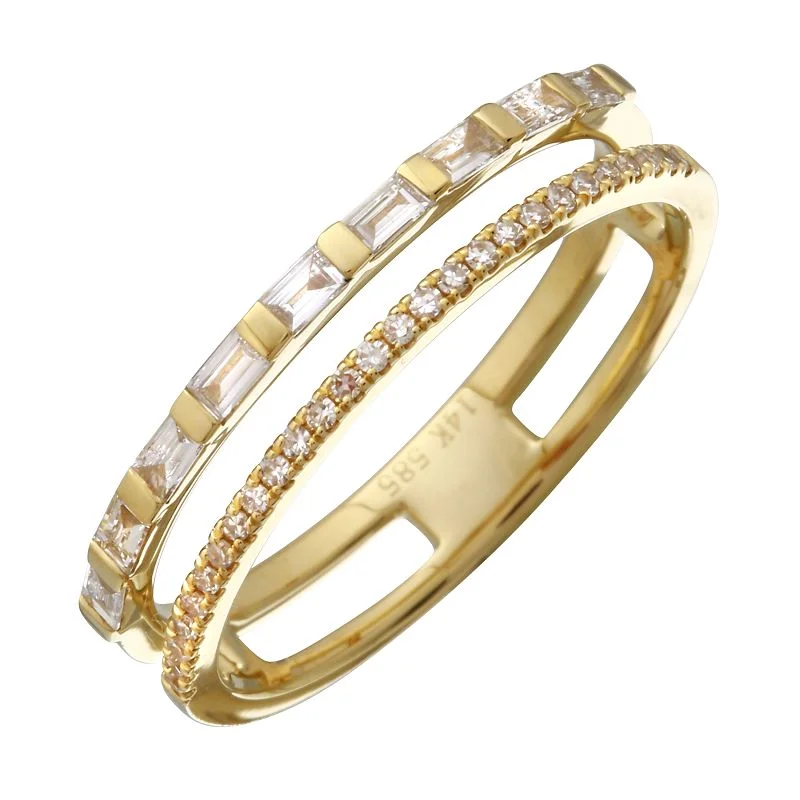 gold rings for women with ruby gemstones-Aligned 2-Row Diamond and Baguette Stacking Bands