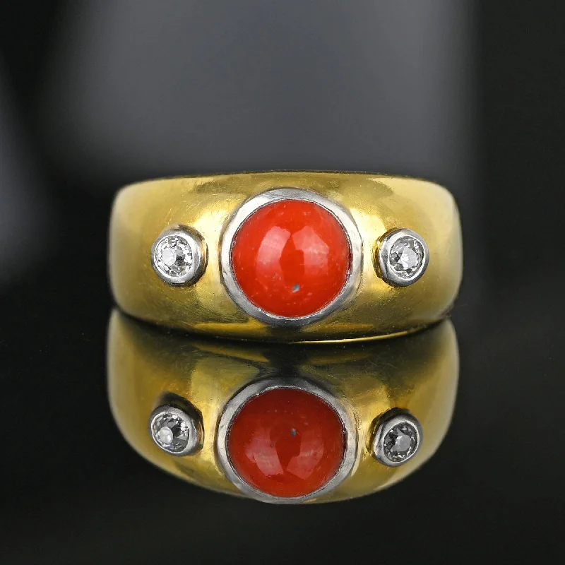 men’s wedding rings with diamond clusters-Antique 18K Gold Diamond Mediterranean Coral Ring Band