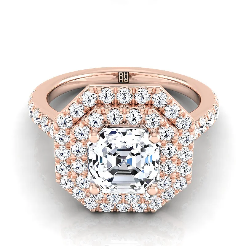 silver rings for men with rubies-14K Rose Gold Asscher Cut Double Pave Halo with Linear Diamond Engagement Ring -7/8ctw