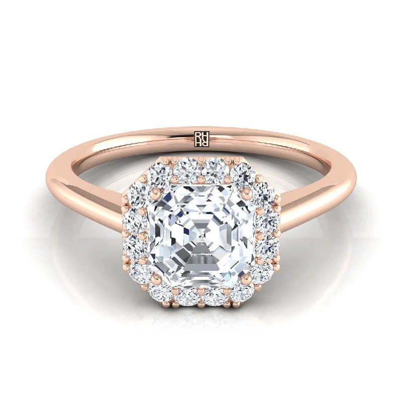 simple rings for men with diamonds-14K Rose Gold Asscher Cut Diamond Shared Prong Halo Engagement Ring -1/5ctw