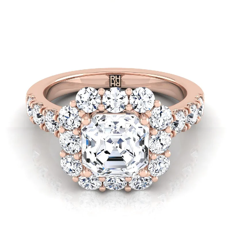 men’s engagement rings with rubies and diamonds-14K Rose Gold Asscher Cut Diamond Luxe Style French Pave Halo Engagement Ring -1-1/10ctw