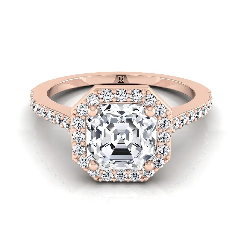 unique engagement rings with pearls-14K Rose Gold Asscher Cut Classic French Pave Diamond Halo and Linear Engagement Ring -1/3ctw