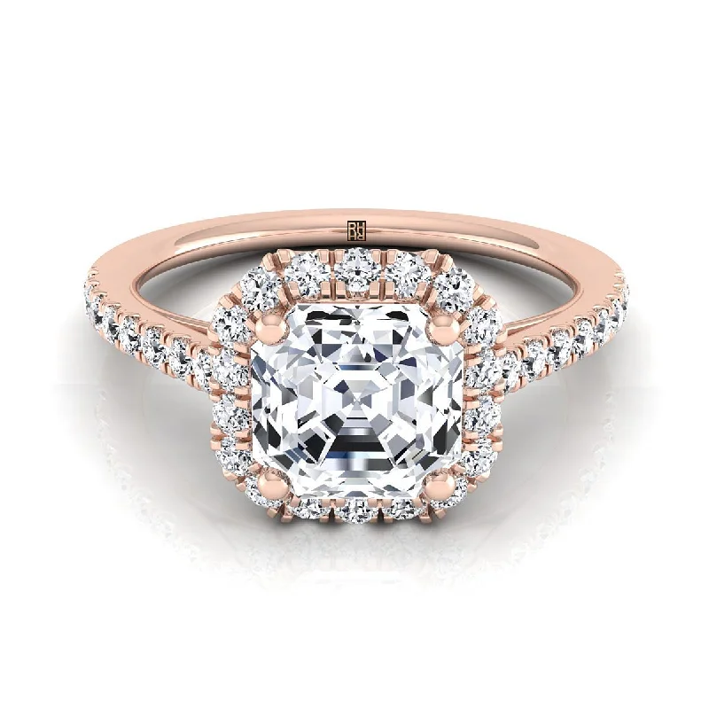 men’s rings with sapphires for weddings-14K Rose Gold Asscher Cut Diamond Petite Halo French Pave Engagement Ring -3/8ctw