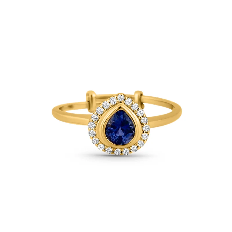 designer wedding rings with rubies-Blue Sapphire Pear Shape Ring In 18K Yellow Gold