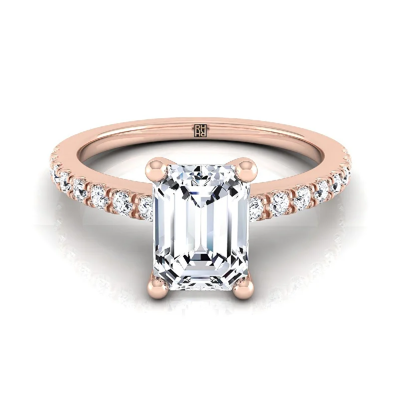 designer engagement rings for women-14K Rose Gold Emerald Cut Simple Linear Diamond Pave Engagement Ring -1/5ctw