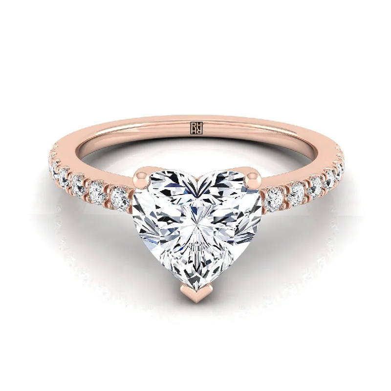 custom rings for couples with diamonds-14K Rose Gold Heart Shape Center Simple Linear Diamond Pave Engagement Ring -1/5ctw