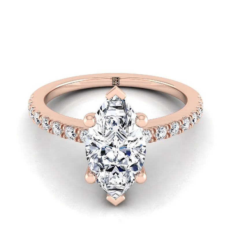 unique engagement rings with diamond clusters-14K Rose Gold Marquise  Simple Linear Diamond Pave Engagement Ring -1/5ctw