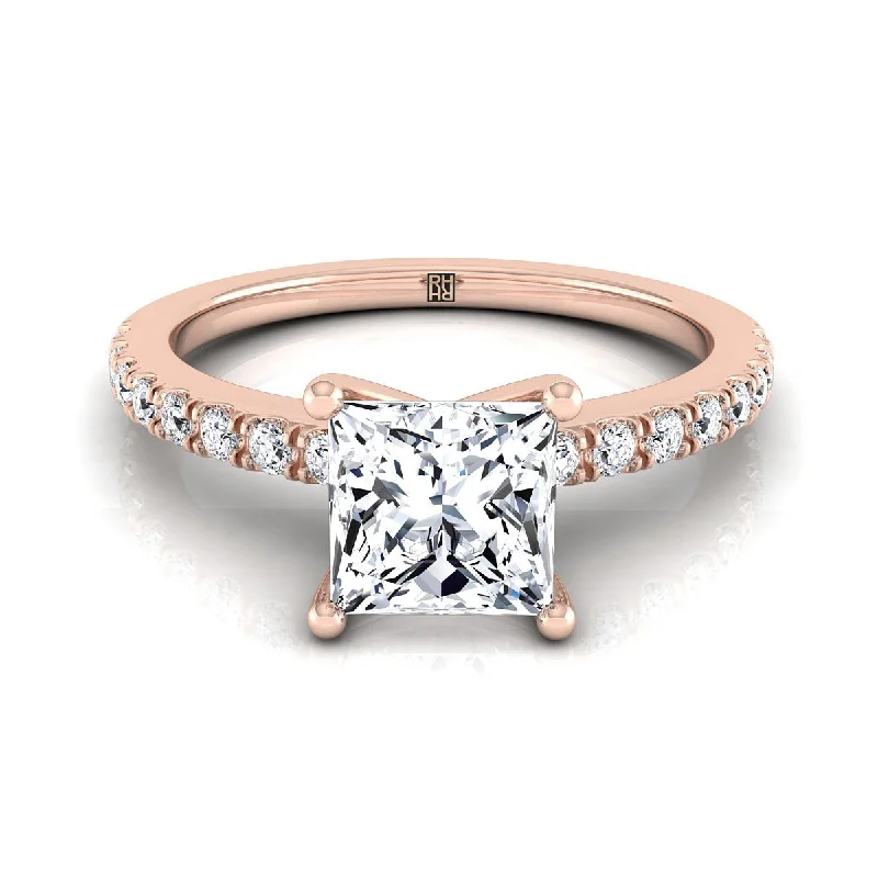 affordable silver wedding bands with diamonds-14K Rose Gold Princess Cut Simple Linear Diamond Pave Engagement Ring -1/5ctw