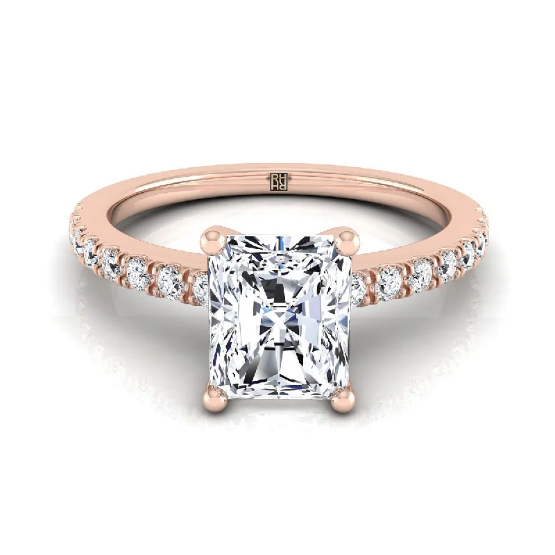 gold engagement rings with emerald stones-14K Rose Gold Radiant Cut Center Simple Linear Diamond Pave Engagement Ring -1/5ctw