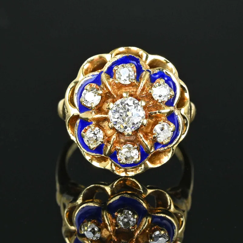 fashion wedding bands with sapphires-Cobalt Blue Enamel Mine Cut Diamond Ring in 14K Gold