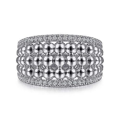 men’s wedding bands with gold and diamonds-Bujukan White Sapphire Wide Beaded Ring in Sterling Silver