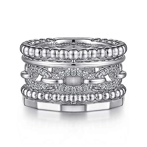 silver rings for engagement with diamonds-Bujukan Stacking Wide Statement Ring with White Sapphires in Sterling Silver