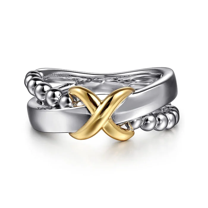 custom rings with diamonds and gemstones for men-Cross-Over Ring in Sterling Silver & 14K Yellow Gold