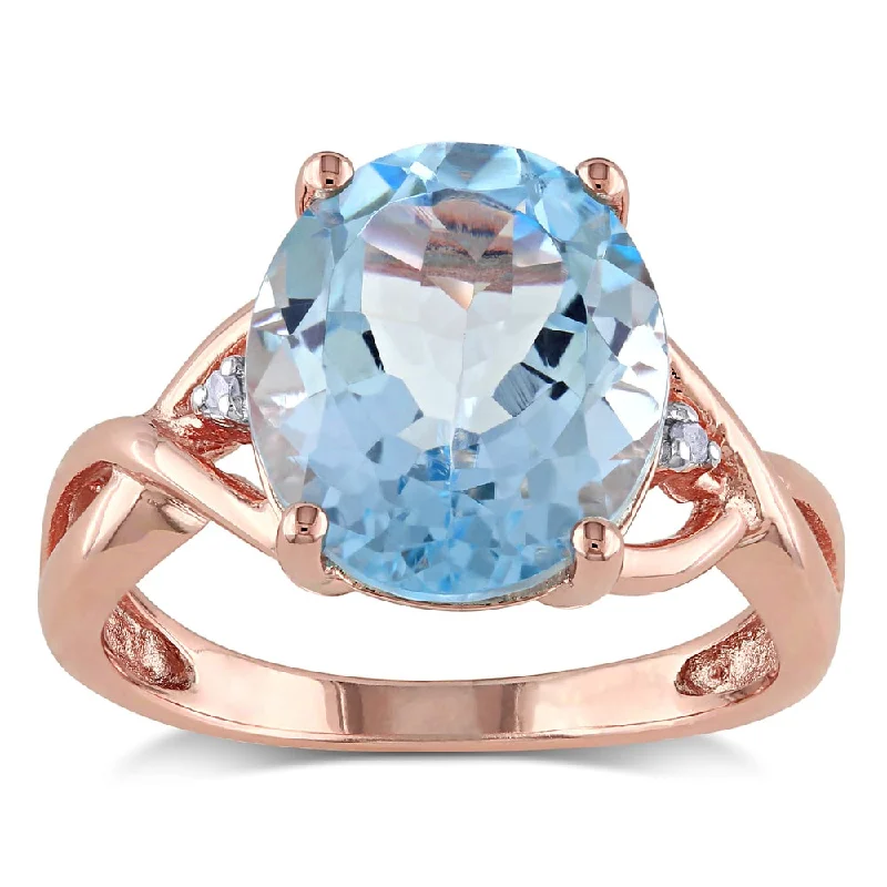 unique wedding rings for women with sapphires-Crossover Oval 5 1/2ct TGW Sky Blue Topaz Diamond Cocktail Ring in Rose Plated Sterling Silver by Miadora