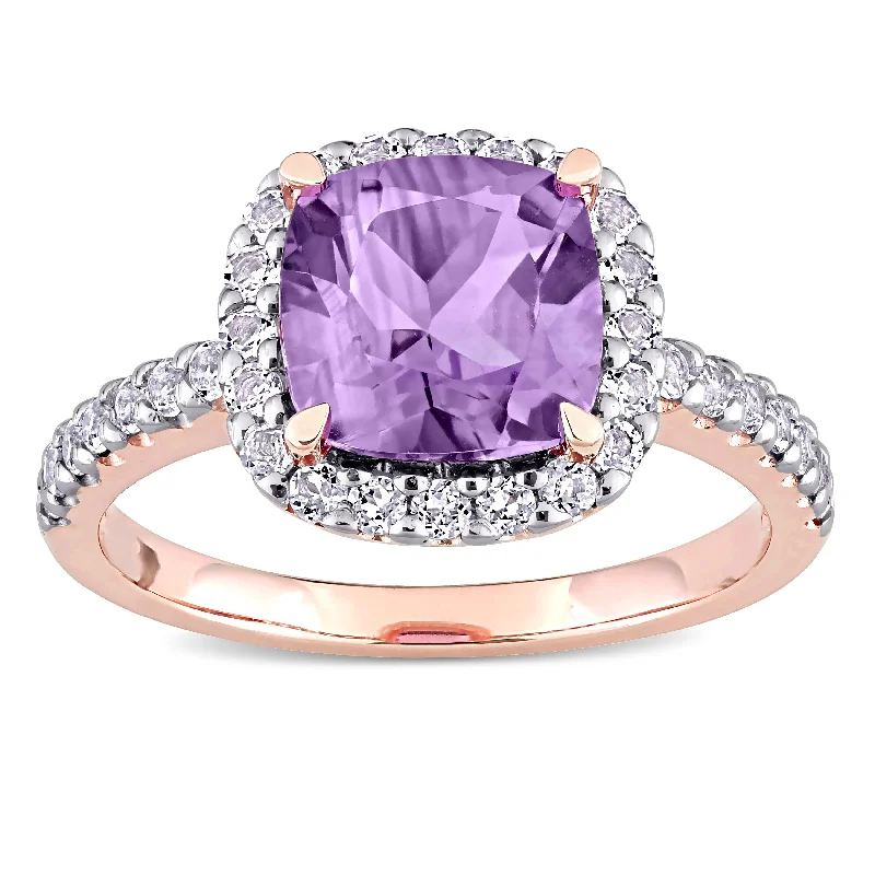 silver wedding rings with emerald stones-Cushion-cut Amethyst and White Topaz Halo Cocktail Ring in 10k Rose Gold by Miadora