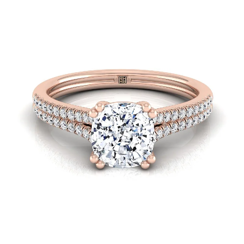 men’s wedding rings with mixed gemstones-14K Rose Gold Cushion Diamond Double Row Double Prong French Pave Engagement Ring -1/6ctw